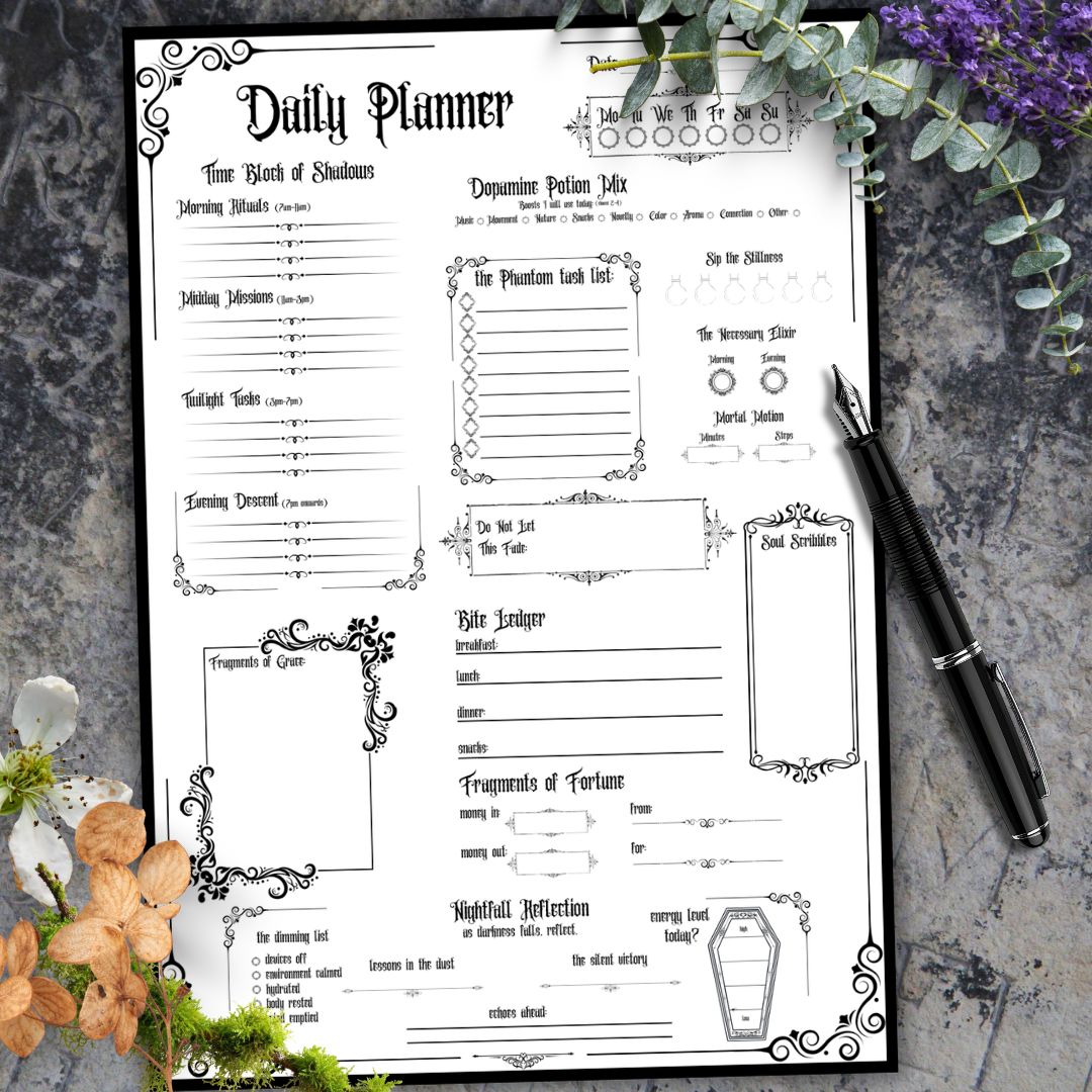 Gothic ADHD Daily Planner Page Printable Time Blocking, Dopamine Tracker & Daily Habit Log PDF