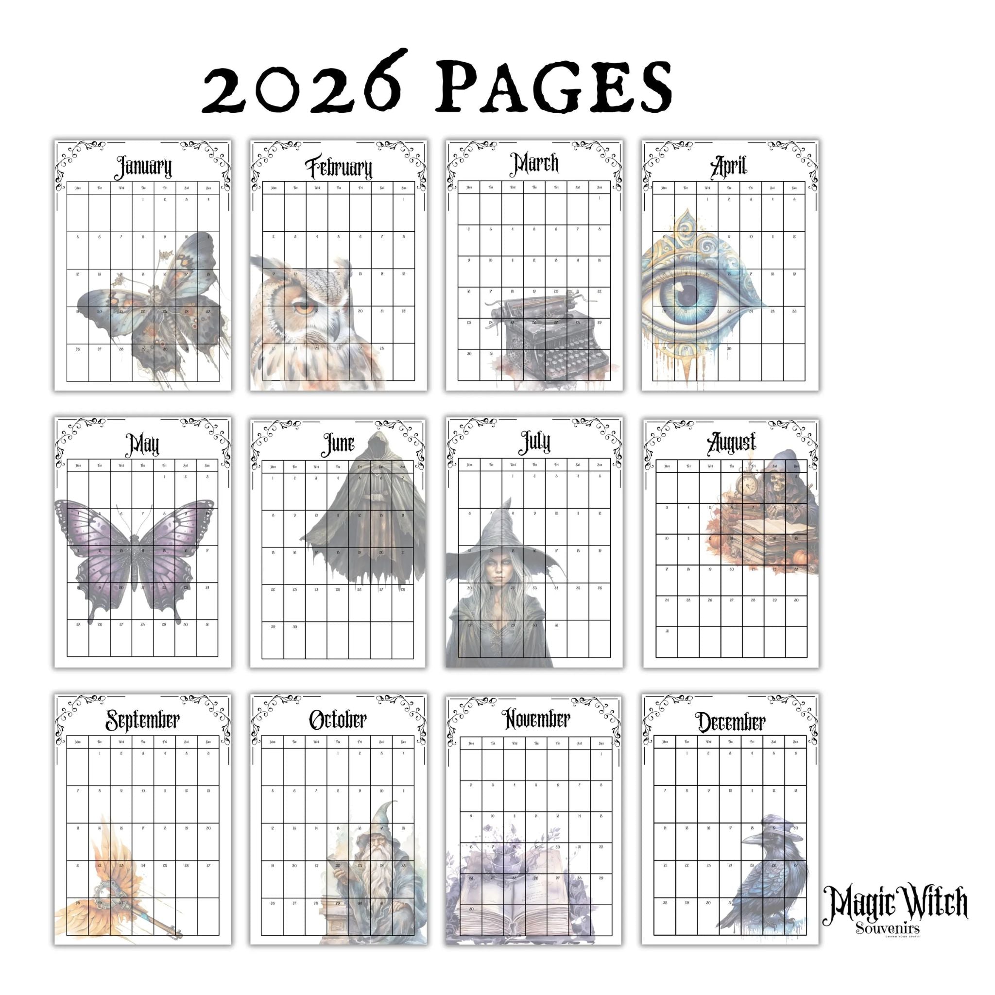 2026 Monthly Calendar Witchy Gothic