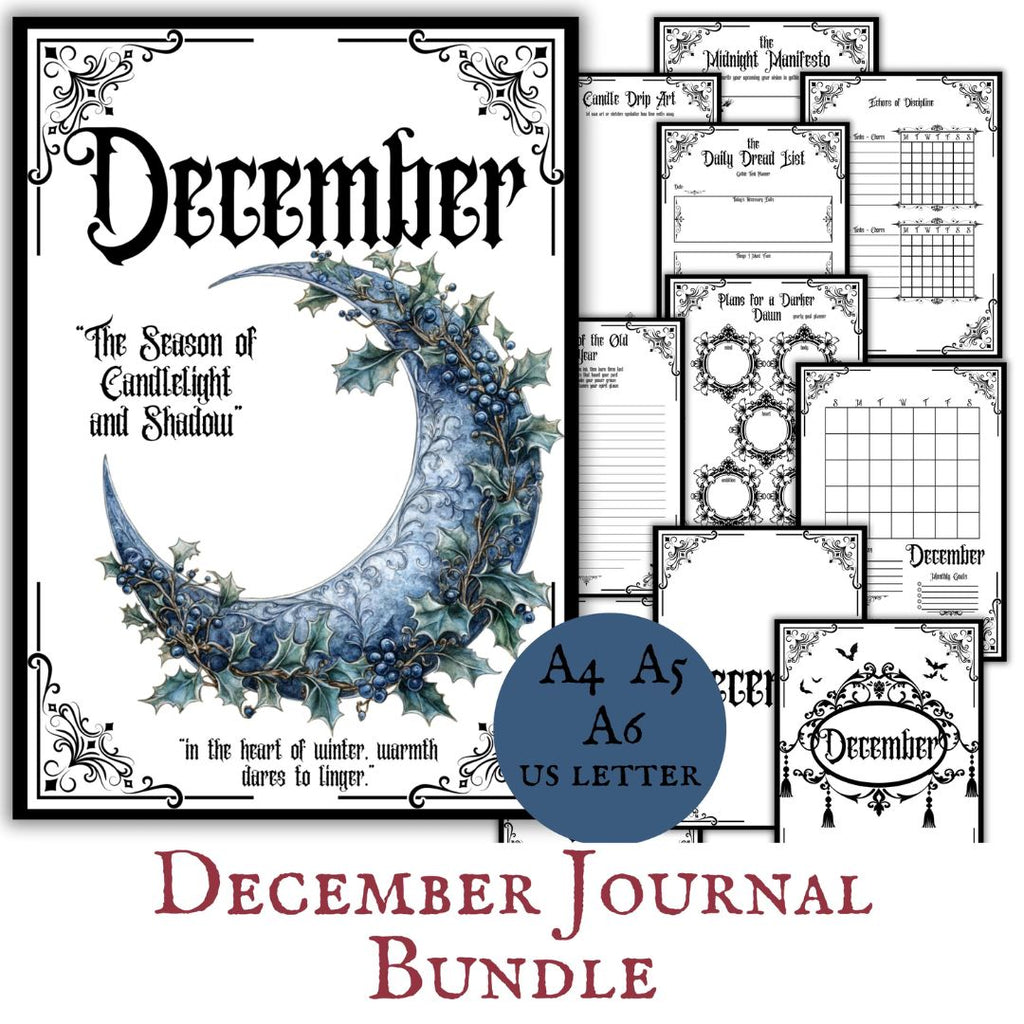 Gothic December Journal Bundle Printable  Monthly Planner, Daily Pages, Tracker & Year-End Reflection PDF