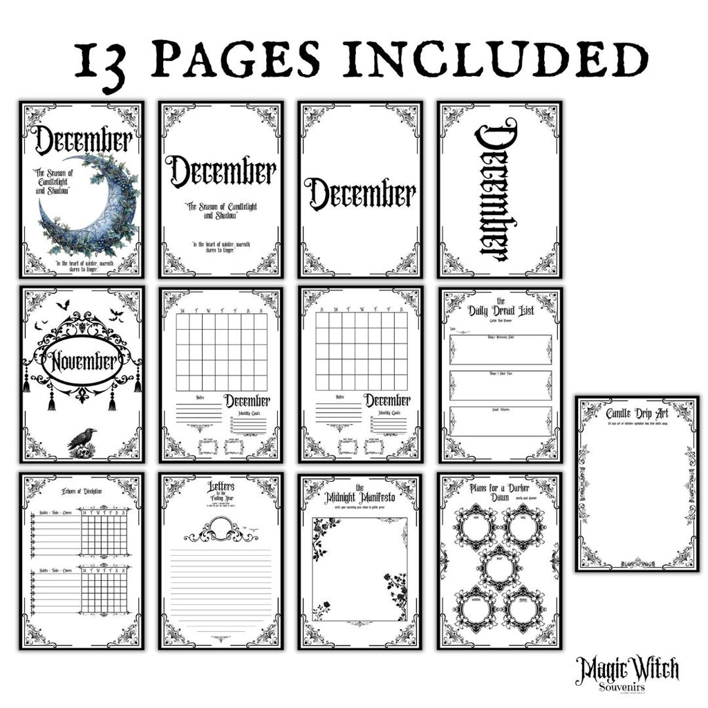 Gothic December Journal Bundle Printable  Monthly Planner, Daily Pages, Tracker & Year-End Reflection PDF