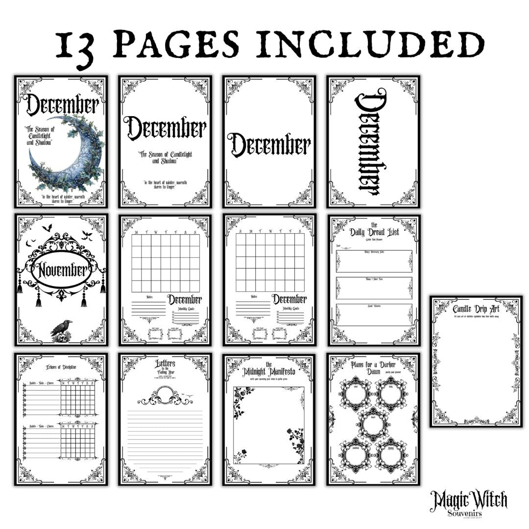 Gothic December Journal Bundle Printable  Monthly Planner, Daily Pages, Tracker & Year-End Reflection PDF